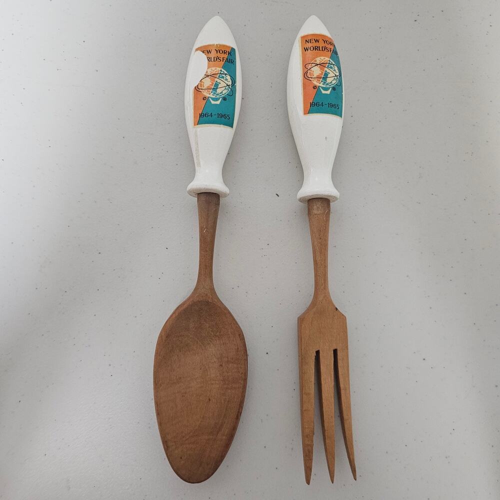 Wooden Salad Fork & Spoon Serving Utensils 1964 New York World’s Fair